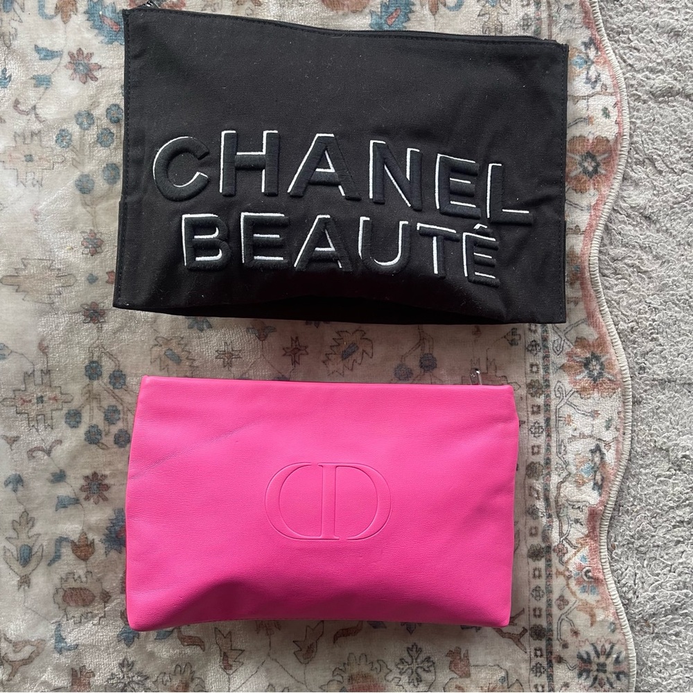 CHANEL Beauté & Dior Black Cosmetic Pouch & Pink Leather Clutch Duo